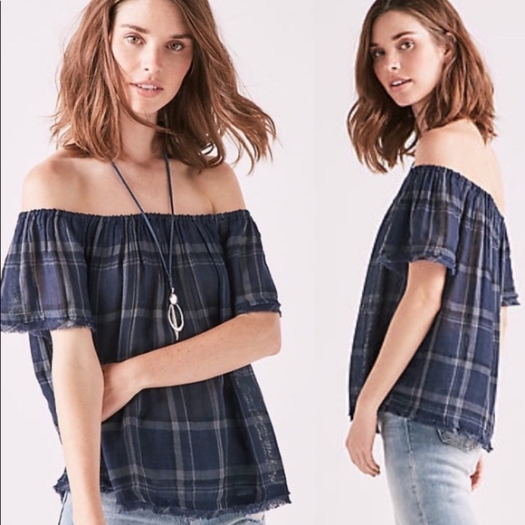 Lucky Brand Tops - NWT Lucky Brand off shoulder blue plaid top